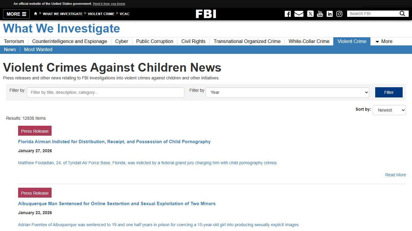 Violent Crimes Against Children News — FBI