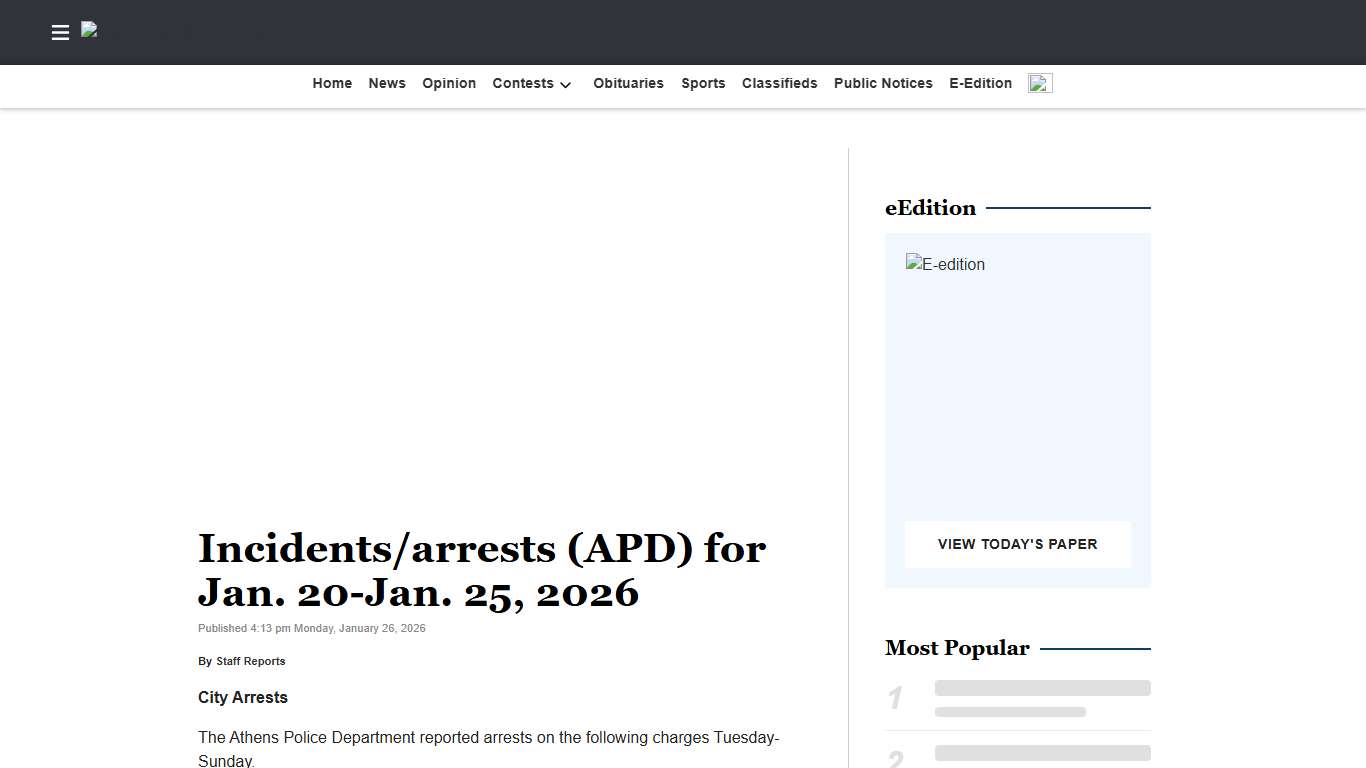 Incidents/arrests (APD) for Jan. 20-Jan. 25, 2026 Athens The News Courier